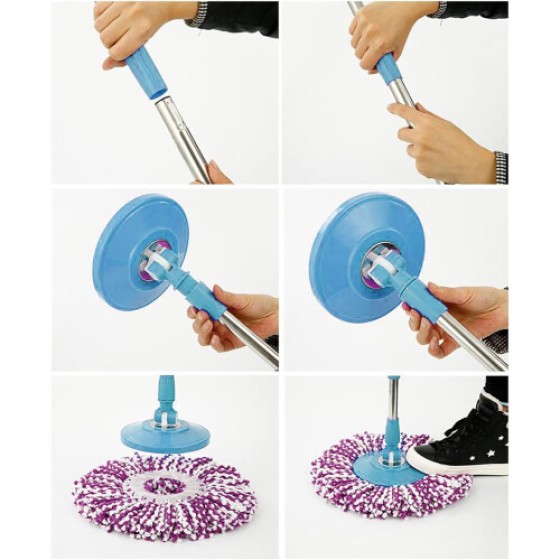 Kit pengganti gagang pel putar, gagang pel lantai teleskopik berputar 360°, biru, tanpa pedal kaki, cocok untuk pembersihan rumah dan kantor.